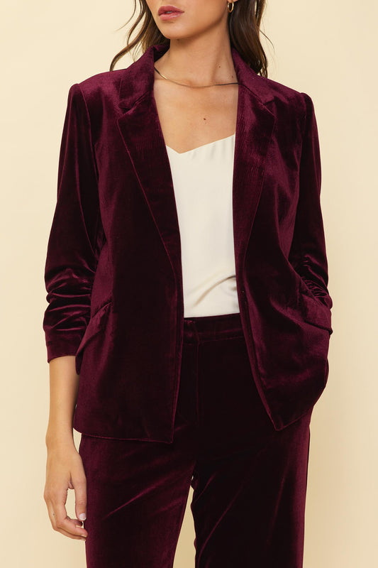 Velvet Scrunch Sleeve Blazer in Burgundy