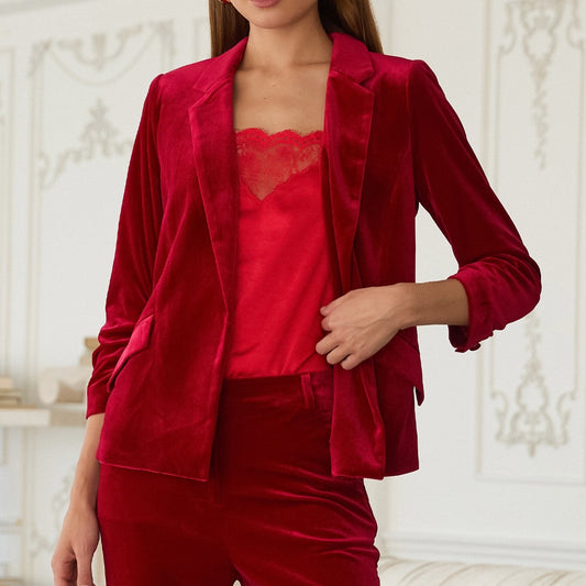 Velvet Scrunched Sleeve Blazer in Cherry