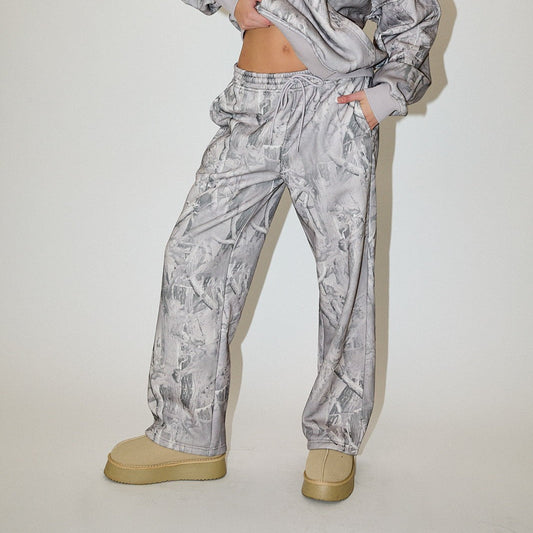 Wide Leg Drawstring Pants in Grey Camo