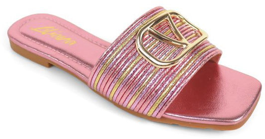 Gold Buckle Striped Slide in Pink