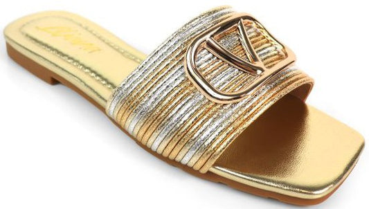 Gold Buckle Striped Slide in Gold