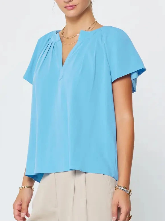 Pleated Neckline with Flutter Sleeve Blouse in Faded Blue