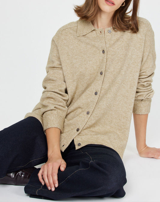 Collared Button Up Knit Shacket in Oat