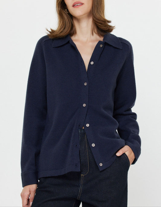 Collared Button Up Knit Shacket in Navy