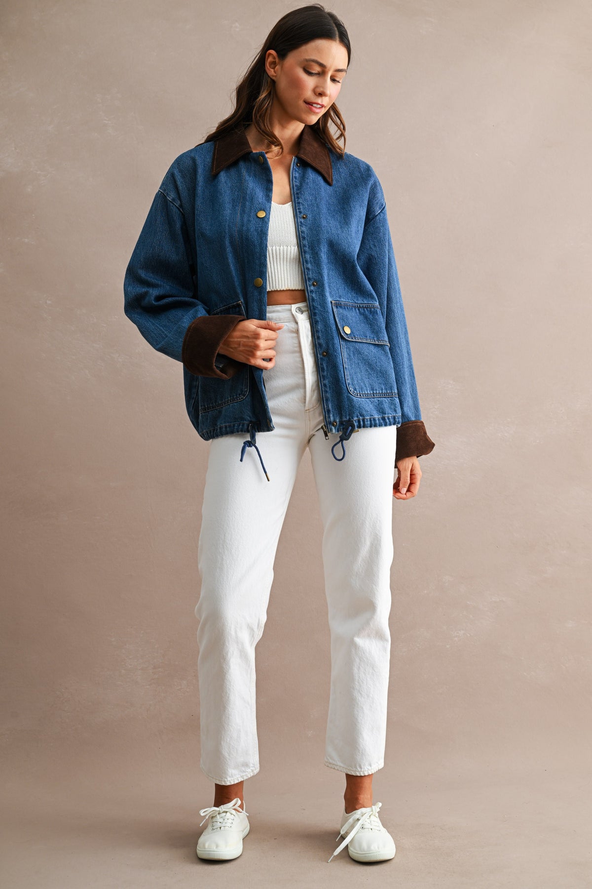 Corduroy Trimmed Denim Barn Jacket in Medium Wash