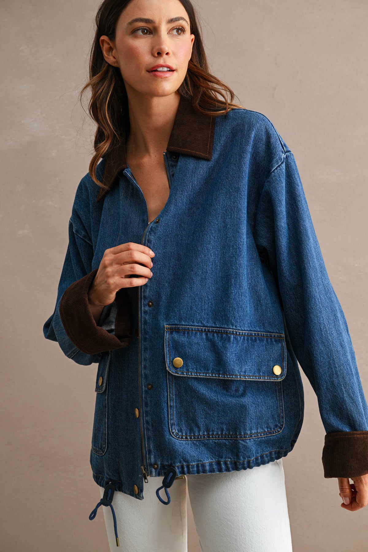 Corduroy Trimmed Denim Barn Jacket in Medium Wash