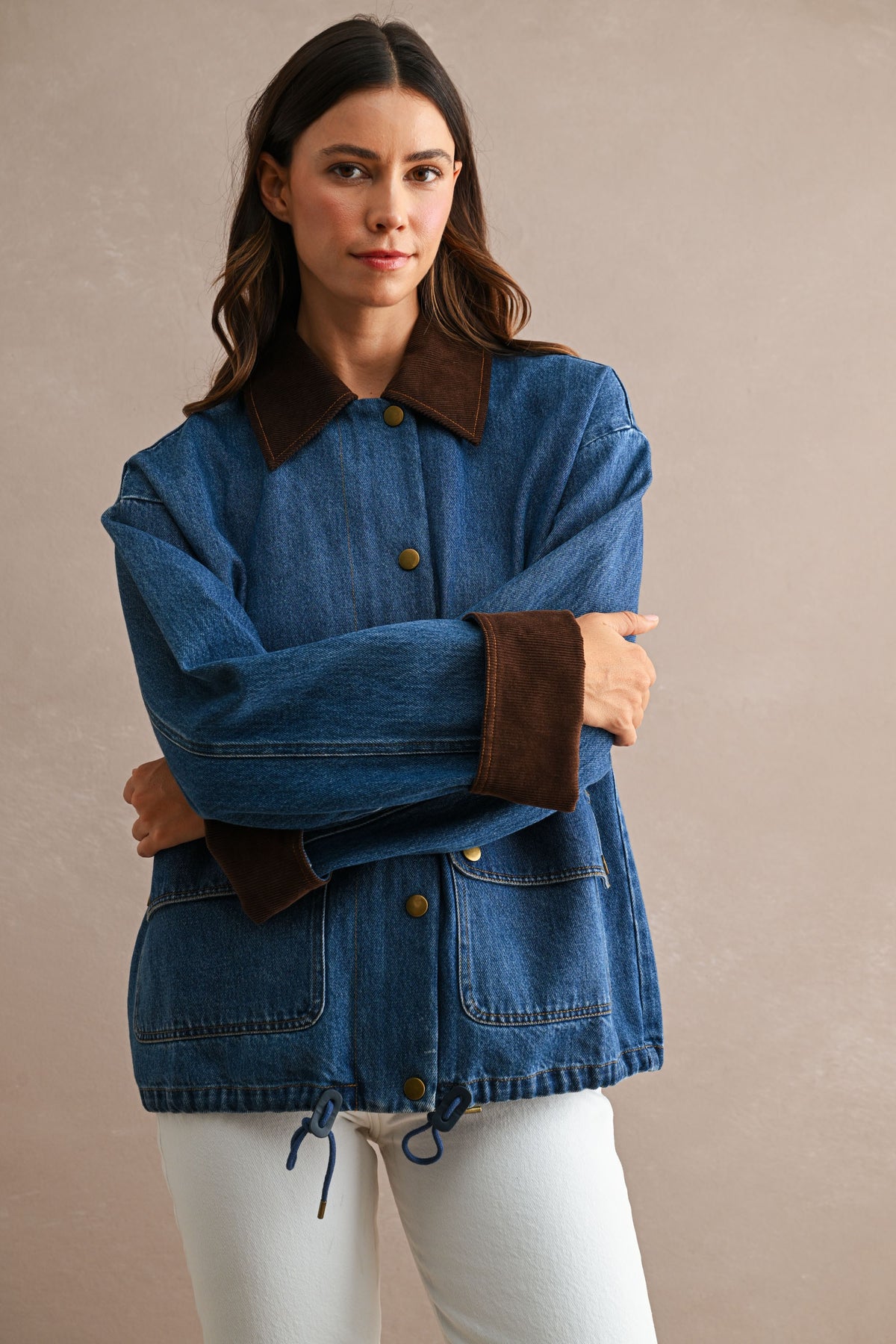 Corduroy Trimmed Denim Barn Jacket in Medium Wash