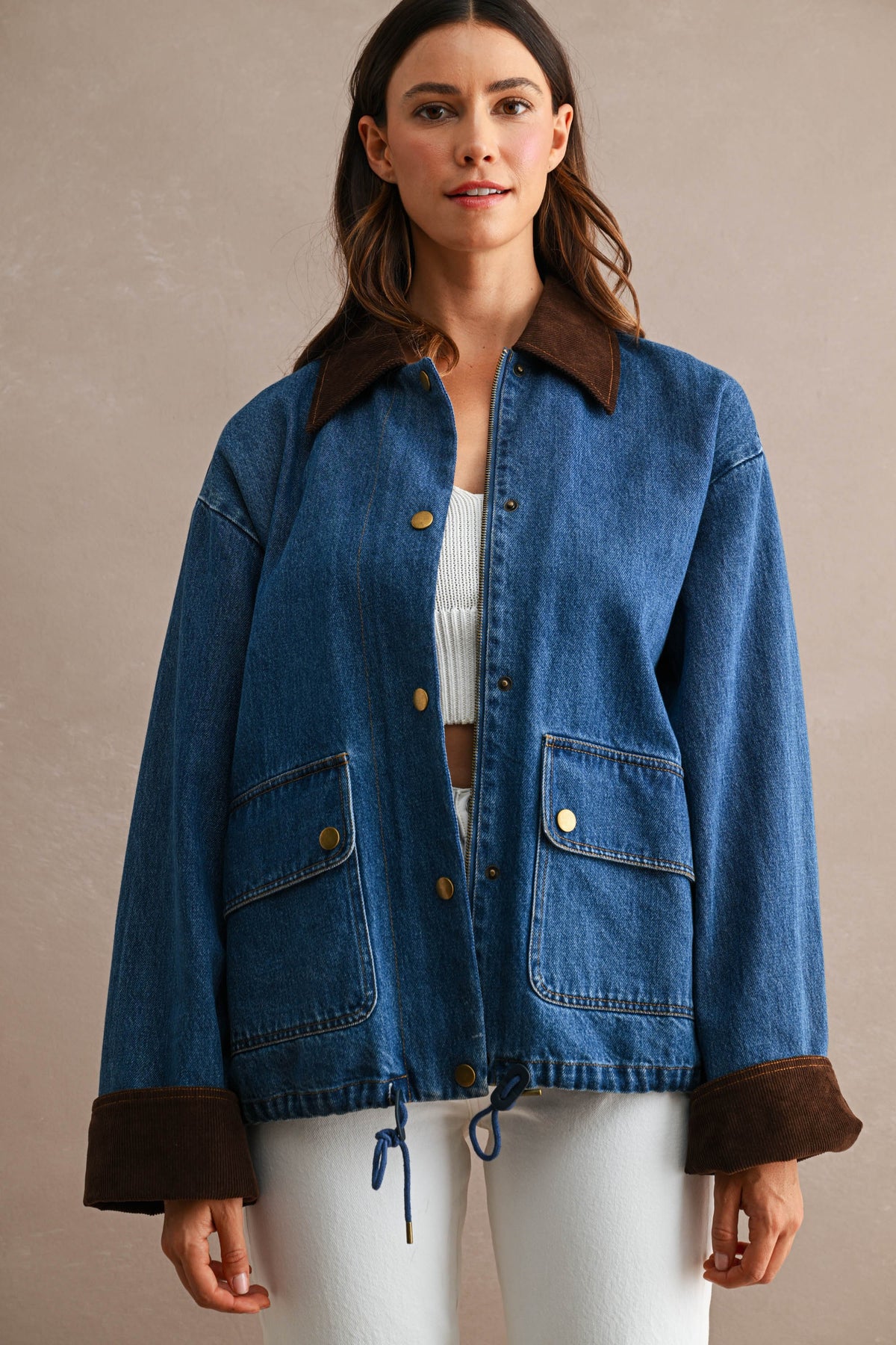 Corduroy Trimmed Denim Barn Jacket in Medium Wash