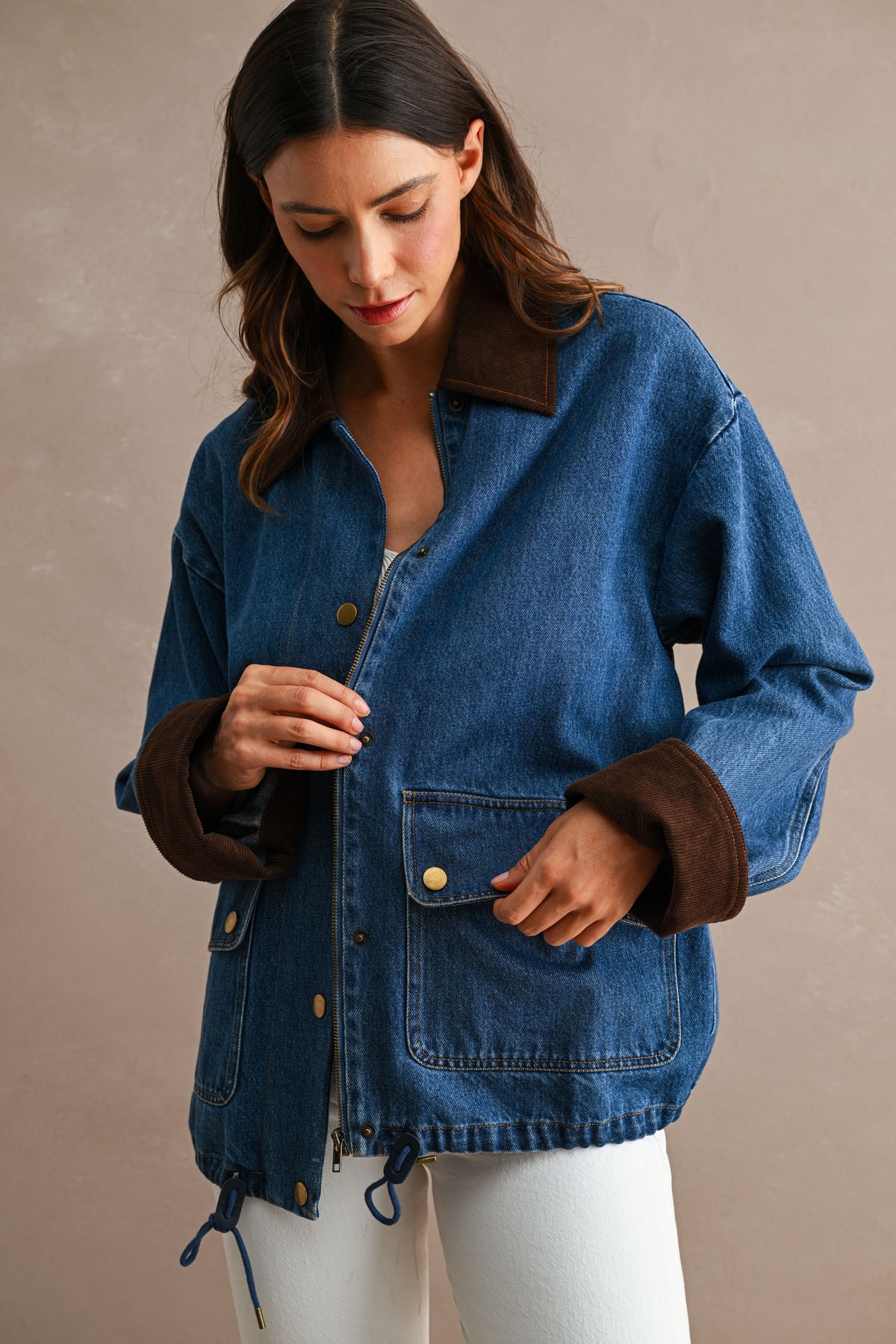 Corduroy Trimmed Denim Barn Jacket in Medium Wash