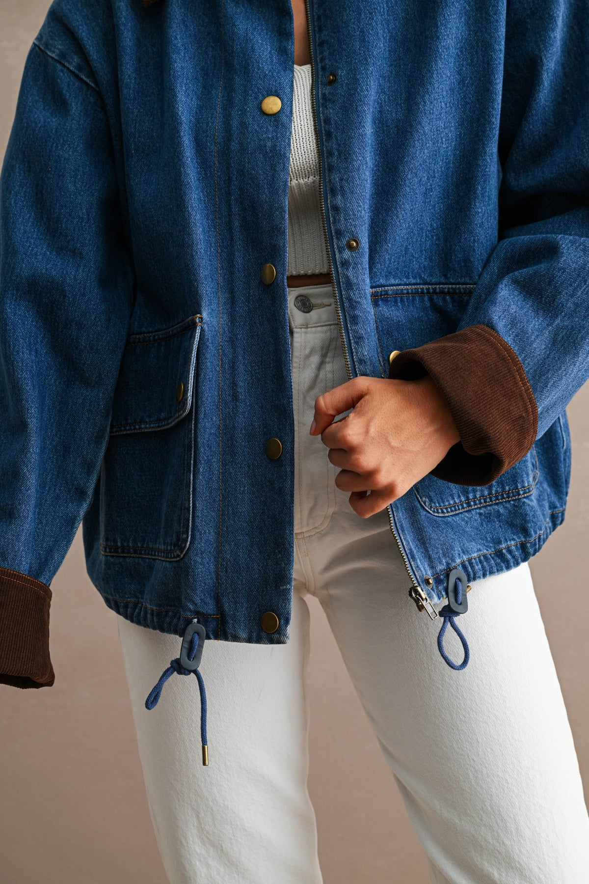 Corduroy Trimmed Denim Barn Jacket in Medium Wash