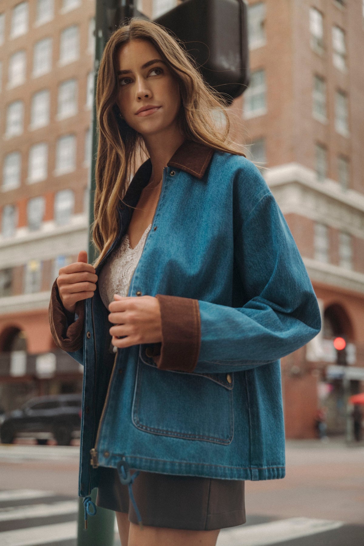 Corduroy Trimmed Denim Barn Jacket in Medium Wash