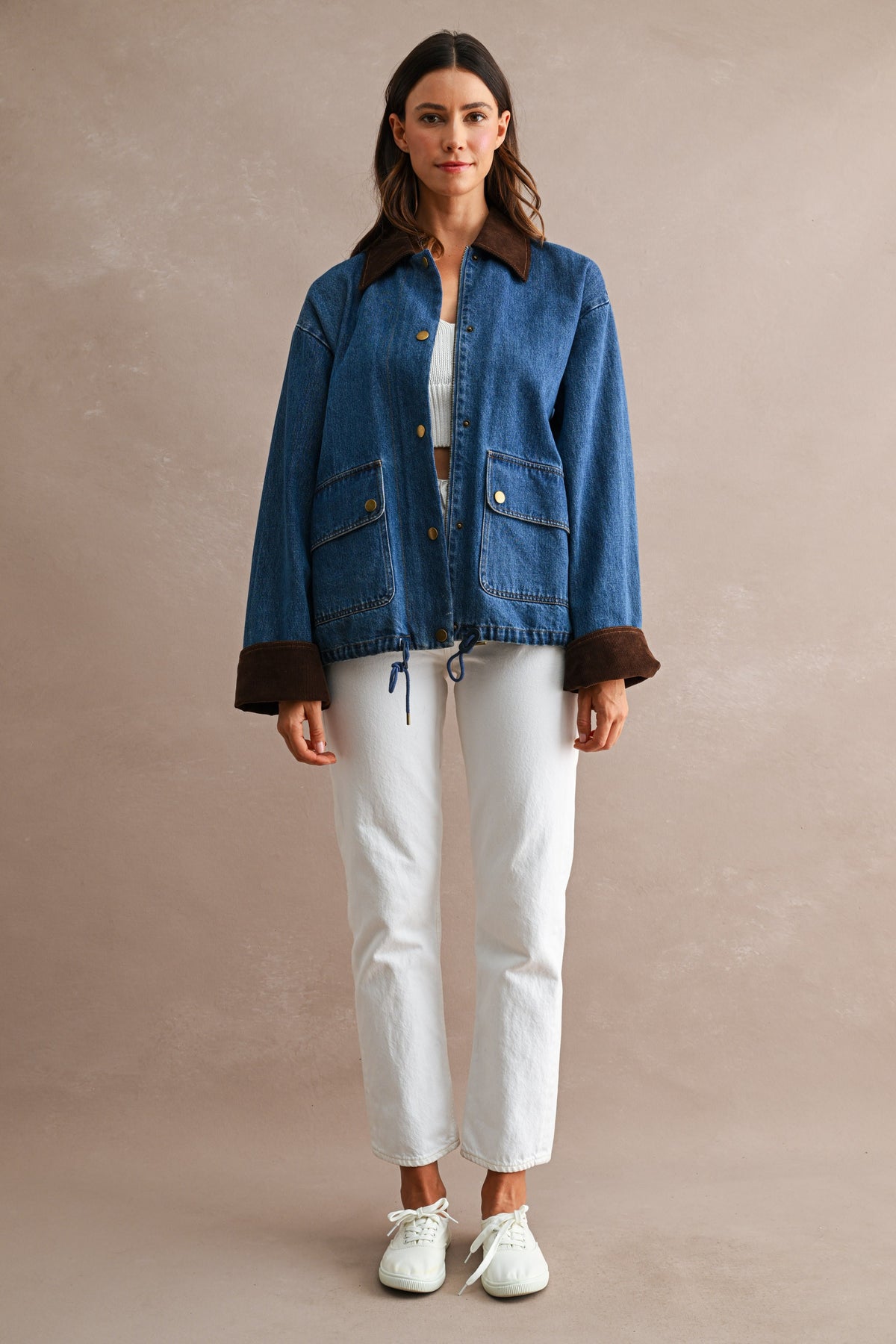 Corduroy Trimmed Denim Barn Jacket in Medium Wash