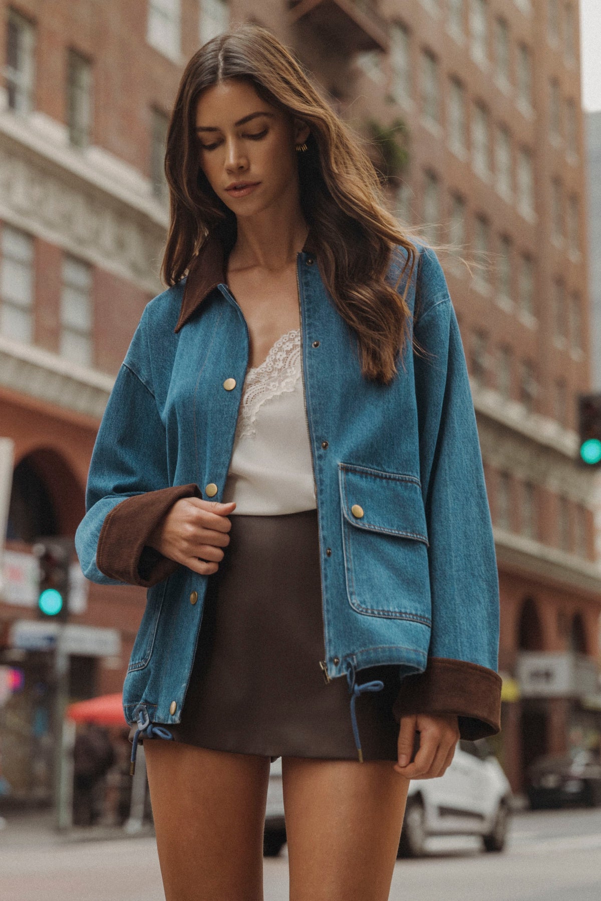 Corduroy Trimmed Denim Barn Jacket in Medium Wash