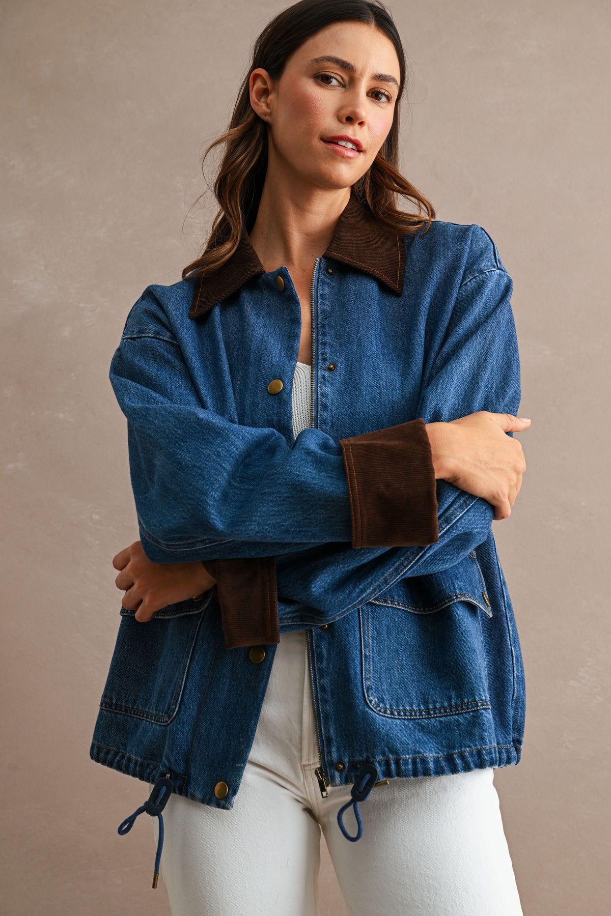 Corduroy Trimmed Denim Barn Jacket in Medium Wash