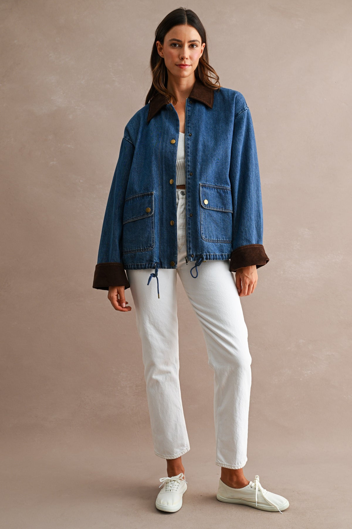 Corduroy Trimmed Denim Barn Jacket in Medium Wash