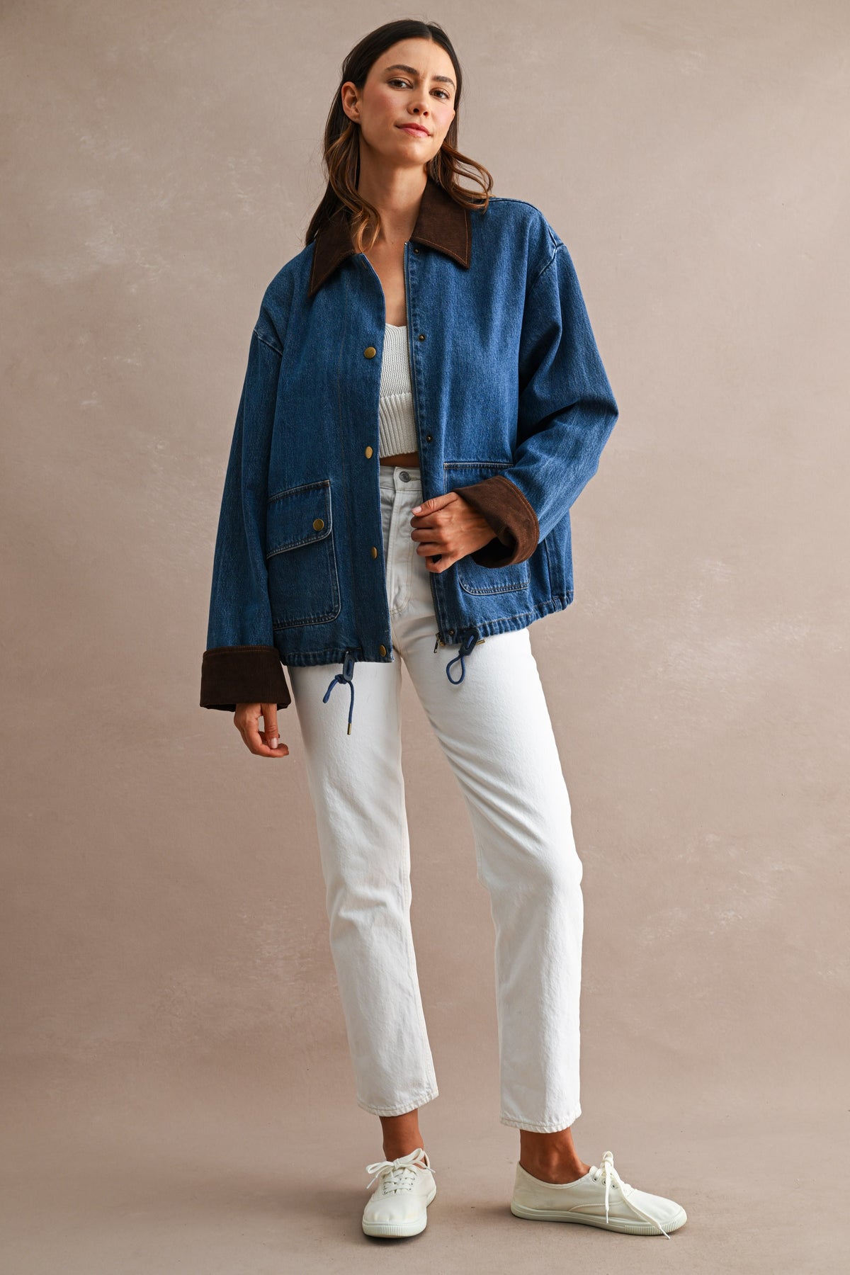 Corduroy Trimmed Denim Barn Jacket in Medium Wash
