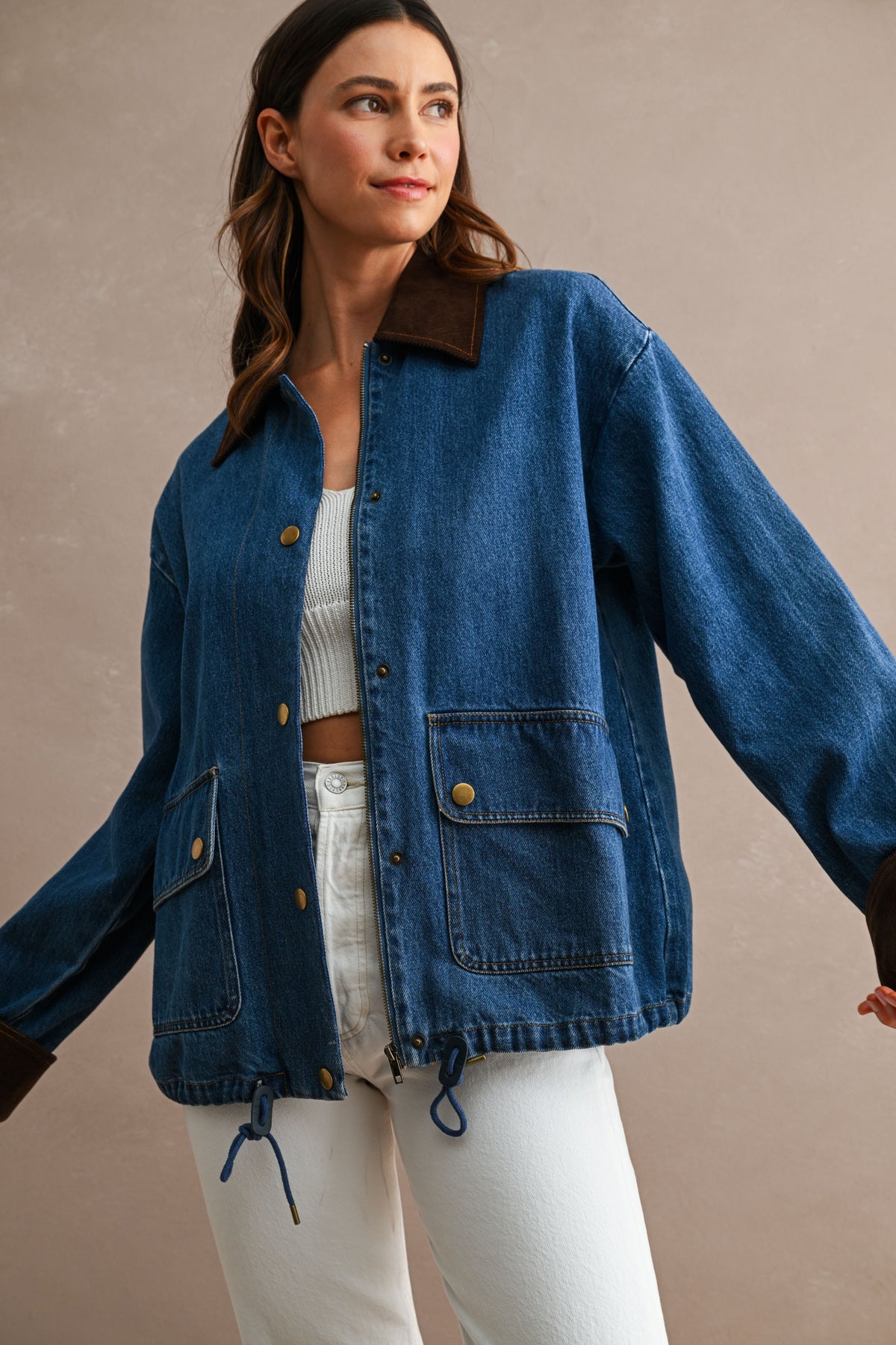 Corduroy Trimmed Denim Barn Jacket in Medium Wash