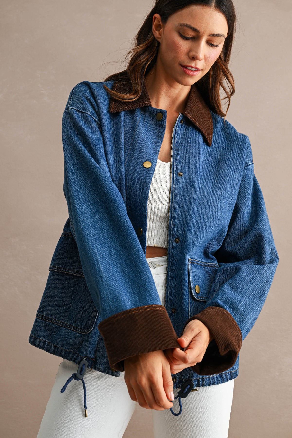 Corduroy Trimmed Denim Barn Jacket in Medium Wash