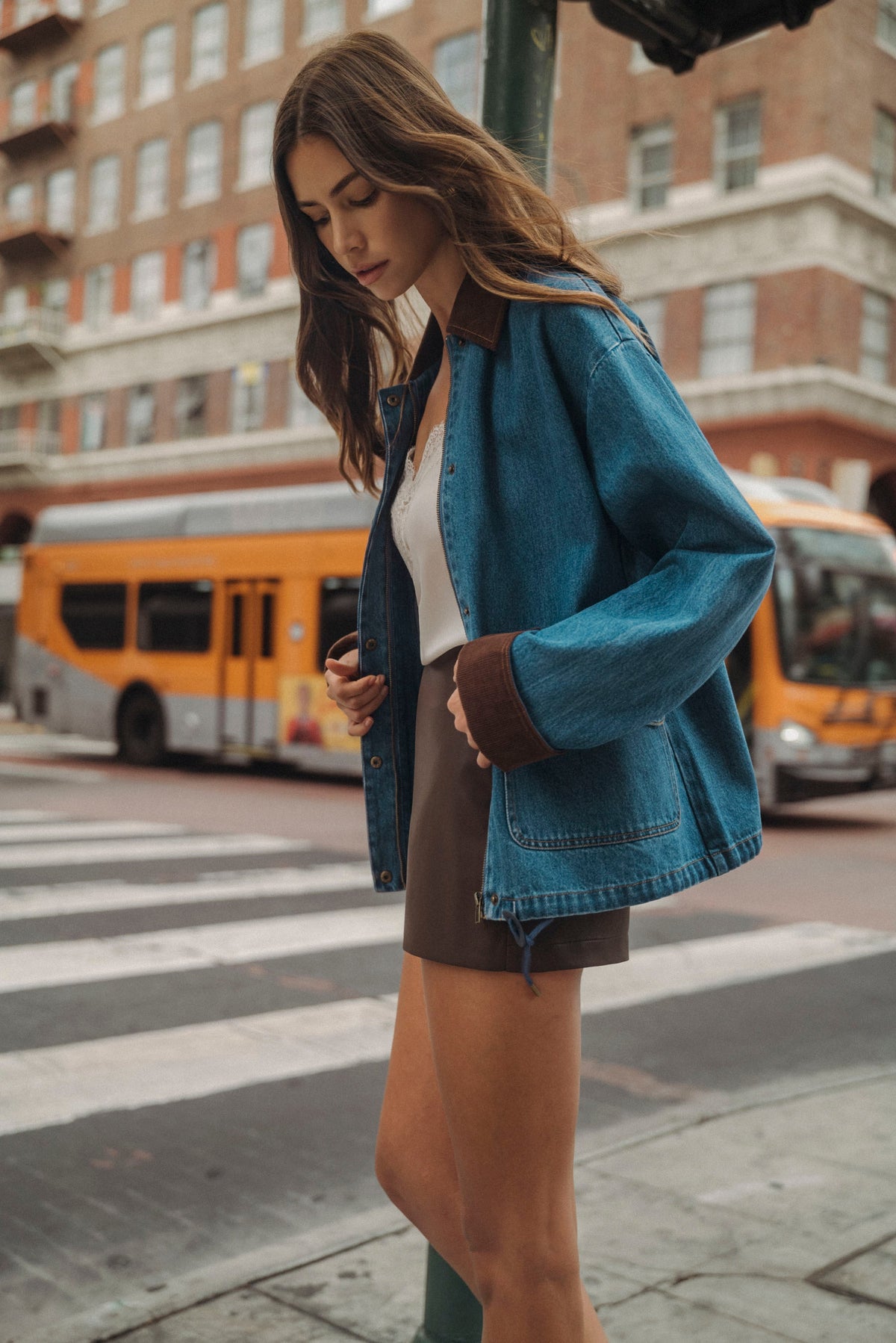 Corduroy Trimmed Denim Barn Jacket in Medium Wash