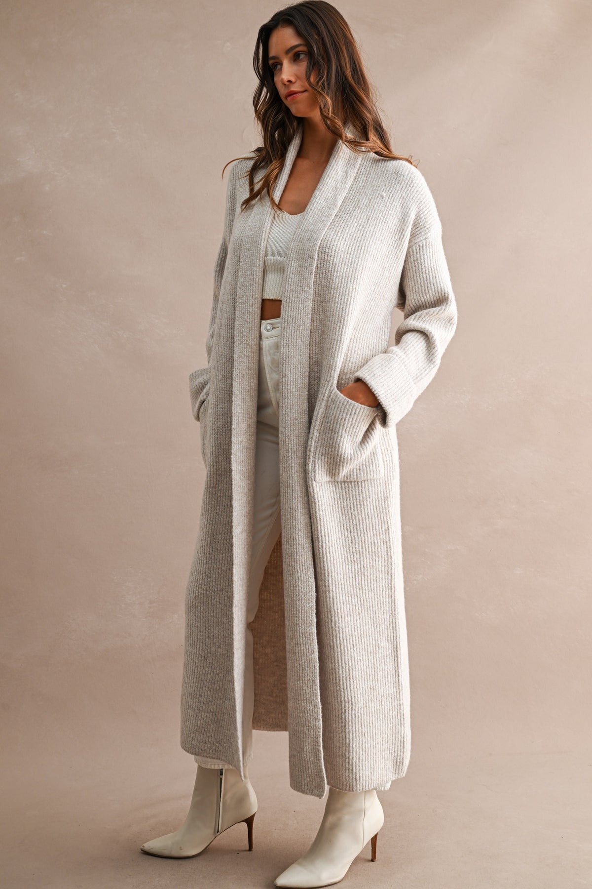 Oversized Longline Ribbed Cardigan in Taupe