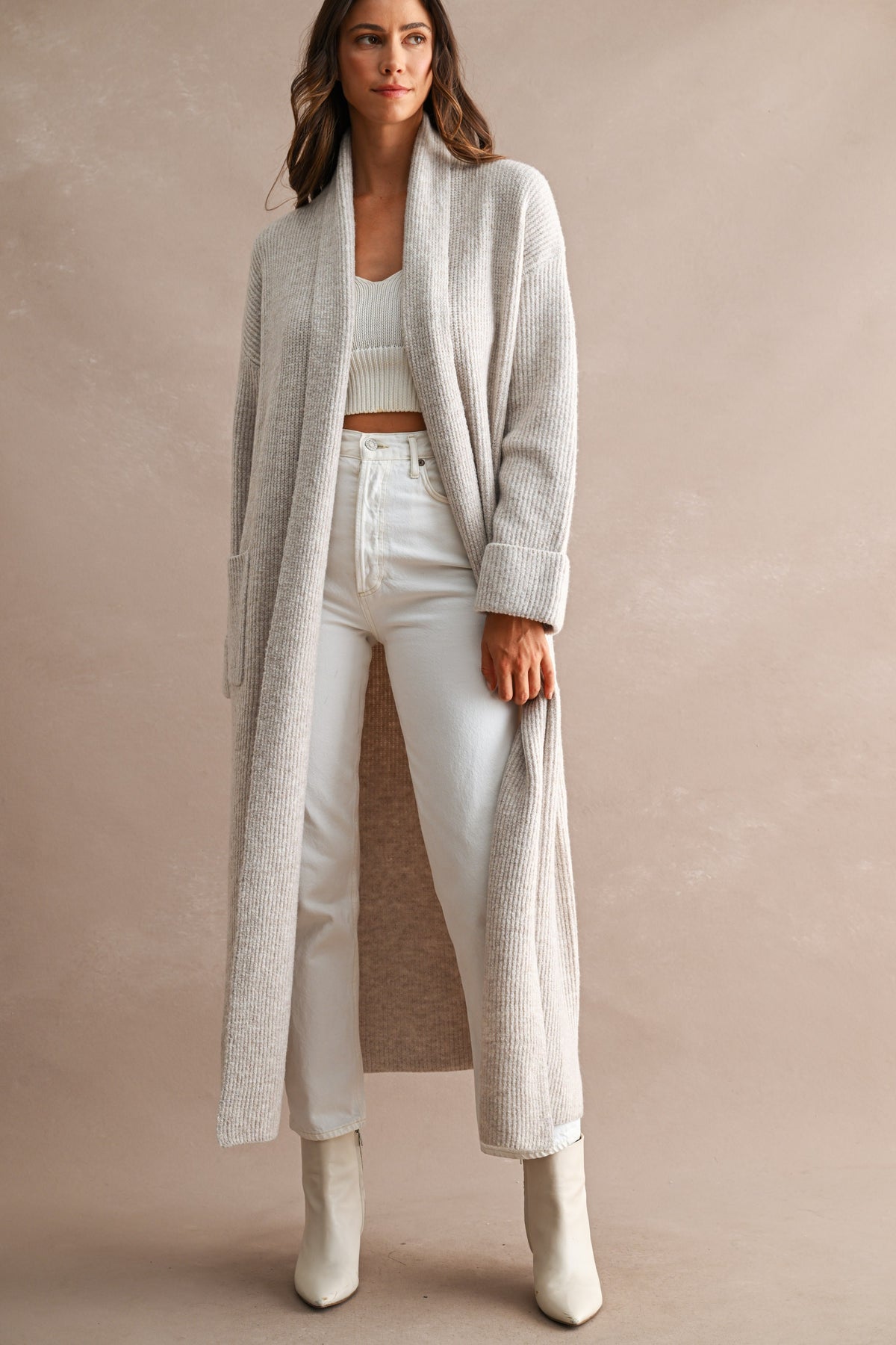 Oversized Longline Ribbed Cardigan in Taupe