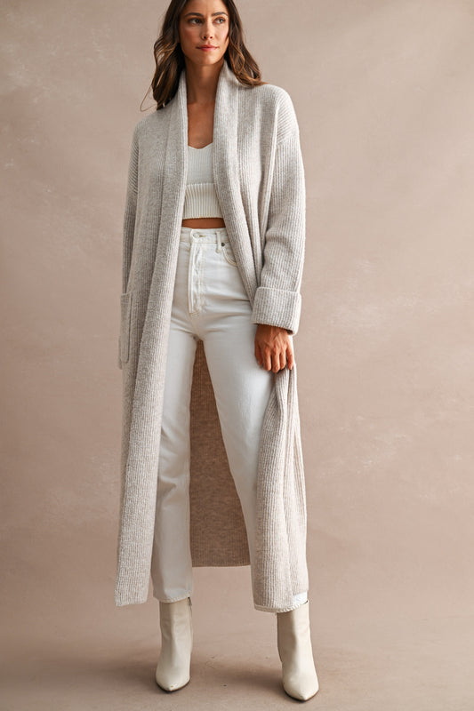 Oversized Longline Ribbed Cardigan in Taupe