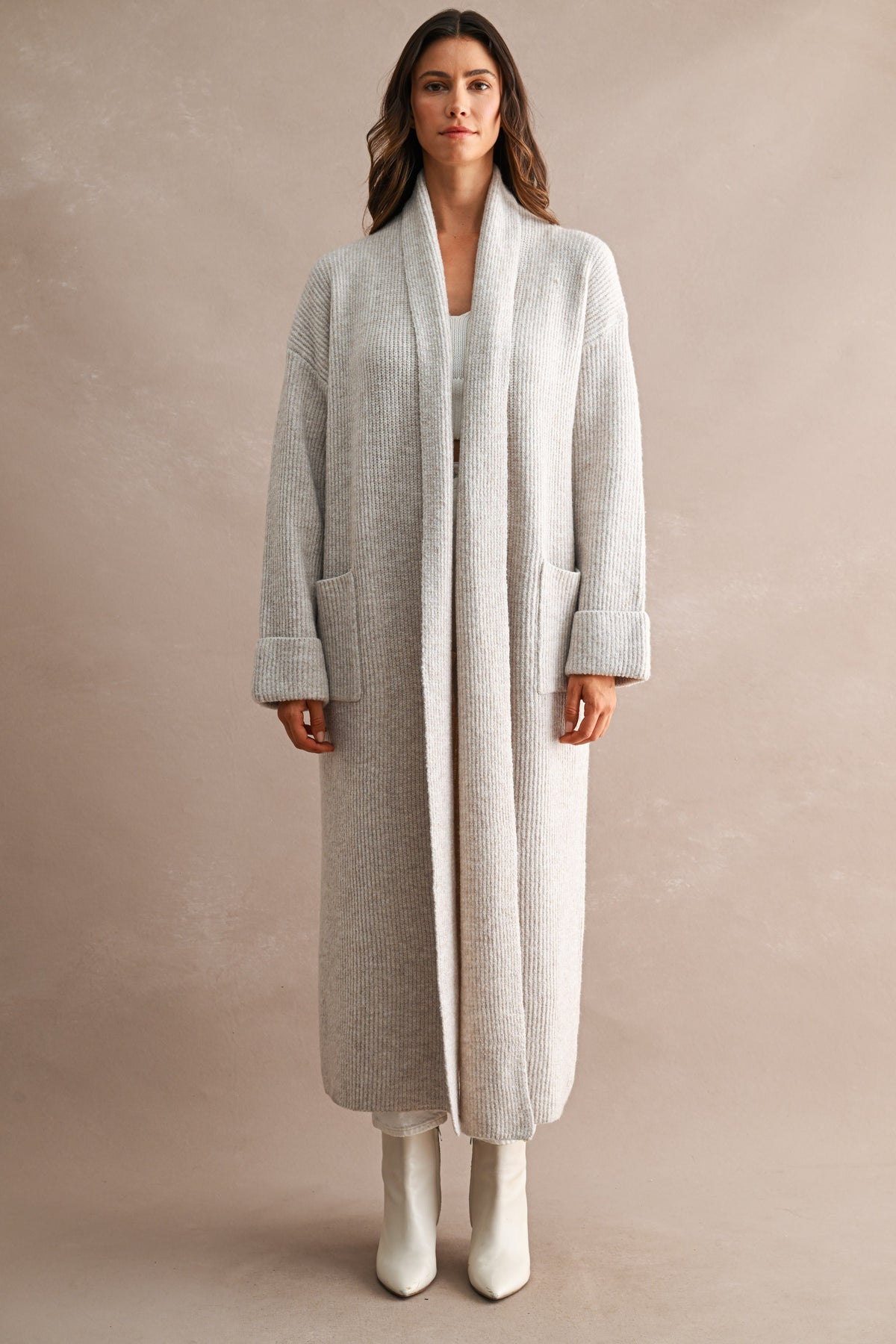 Oversized Longline Ribbed Cardigan in Taupe