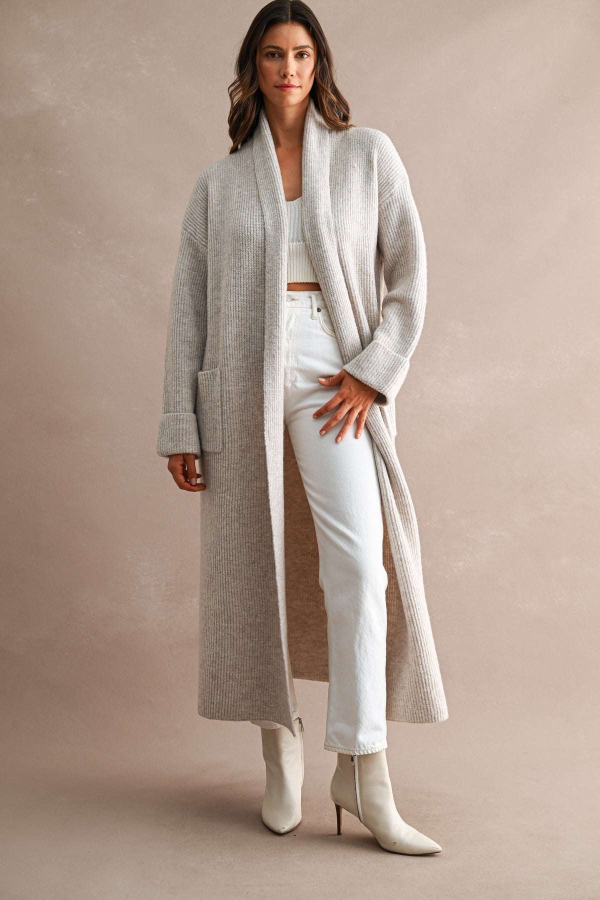 Oversized Longline Ribbed Cardigan in Taupe