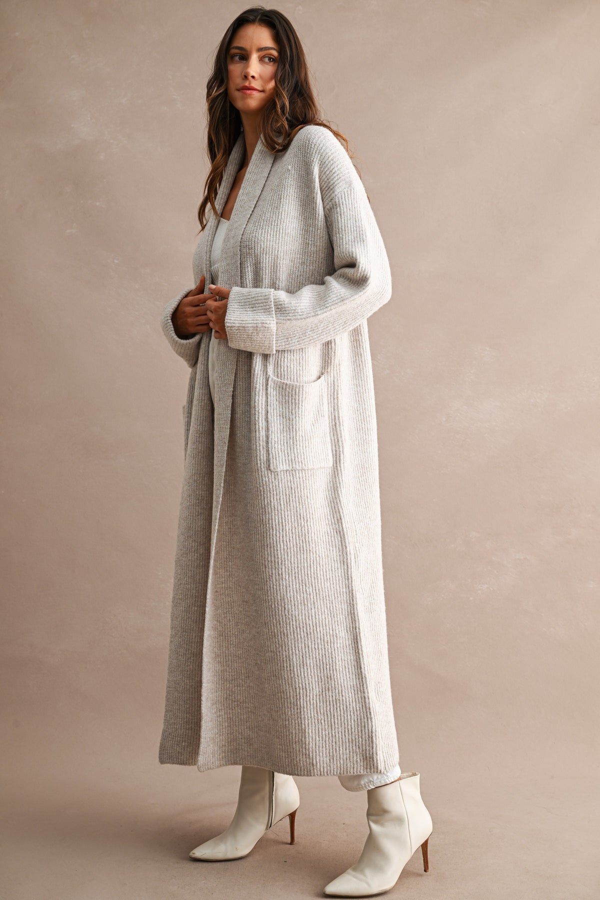 Oversized Longline Ribbed Cardigan in Taupe