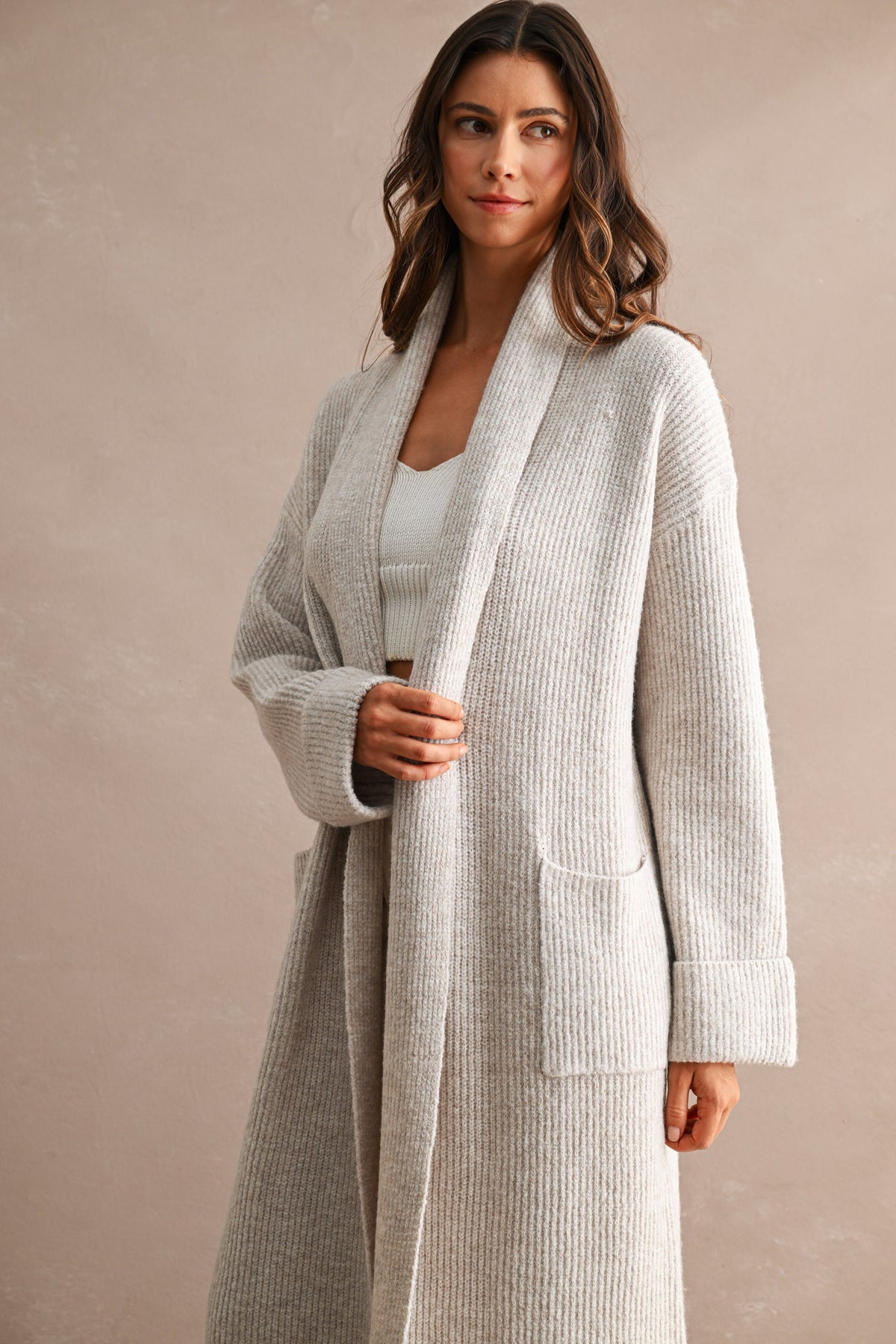 Oversized Longline Ribbed Cardigan in Taupe
