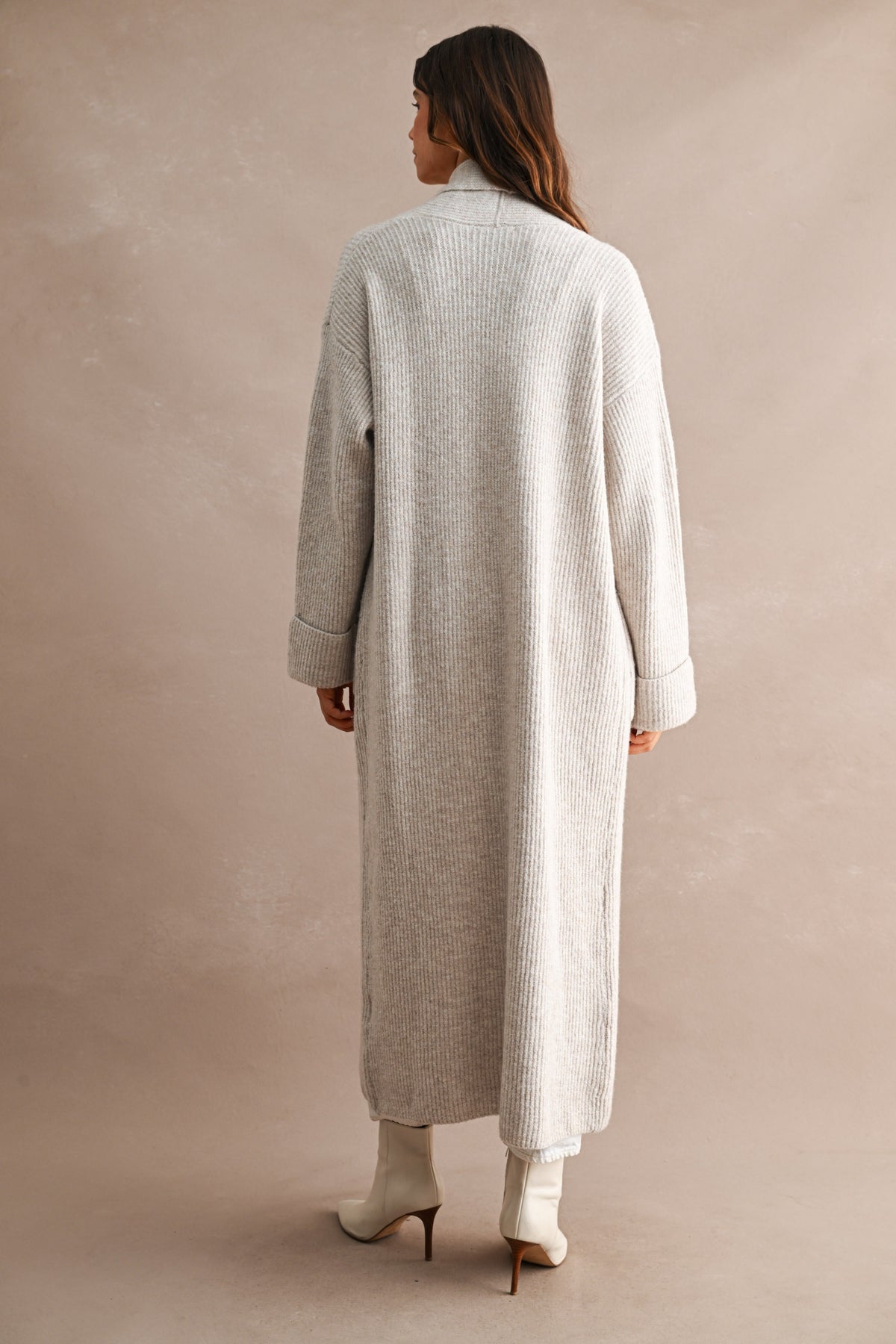 Oversized Longline Ribbed Cardigan in Taupe