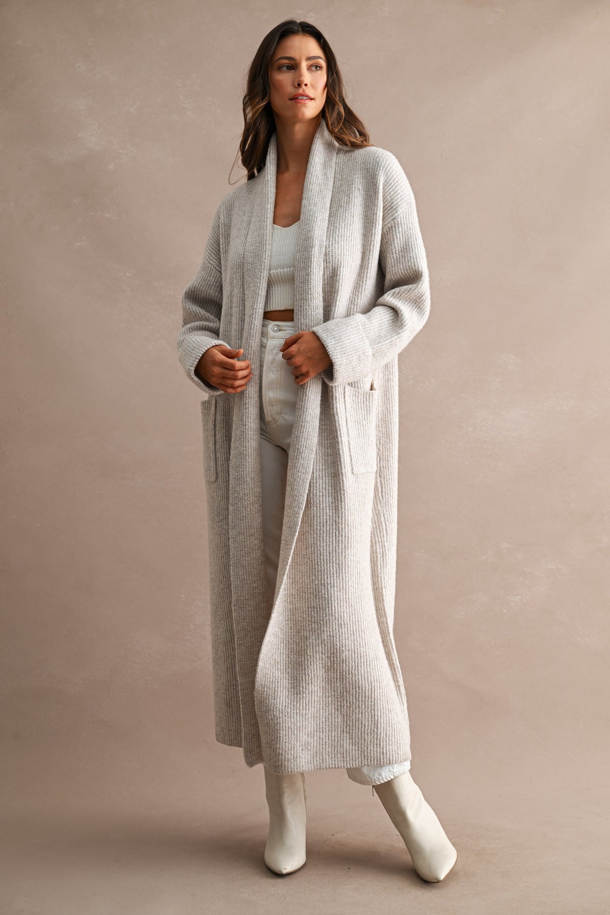 Oversized Longline Ribbed Cardigan in Taupe