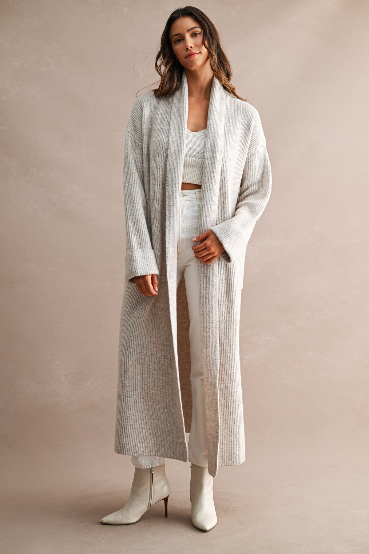 Oversized Longline Ribbed Cardigan in Taupe