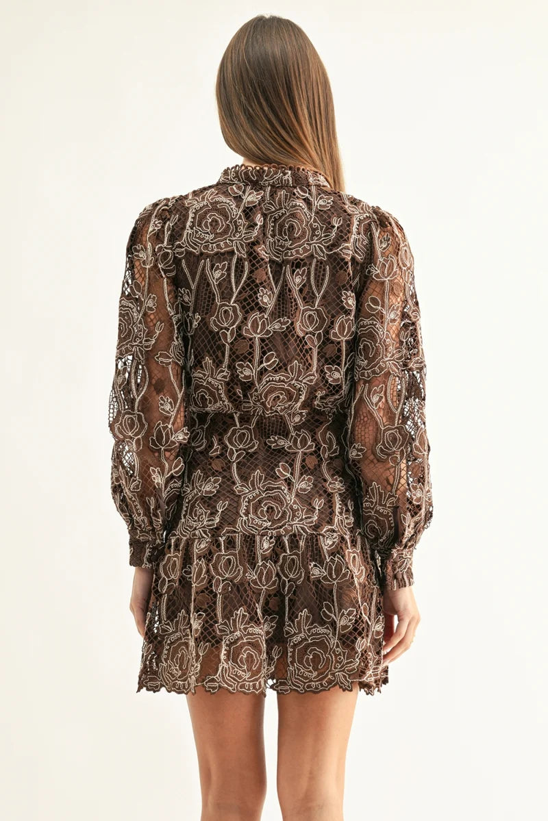 Adelyn Rae Makai LS Lace Mini Dress in Chocolate