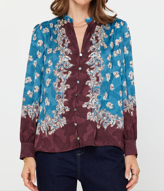 Split Neck Floral Button Front Top in Burgundy/Blue
