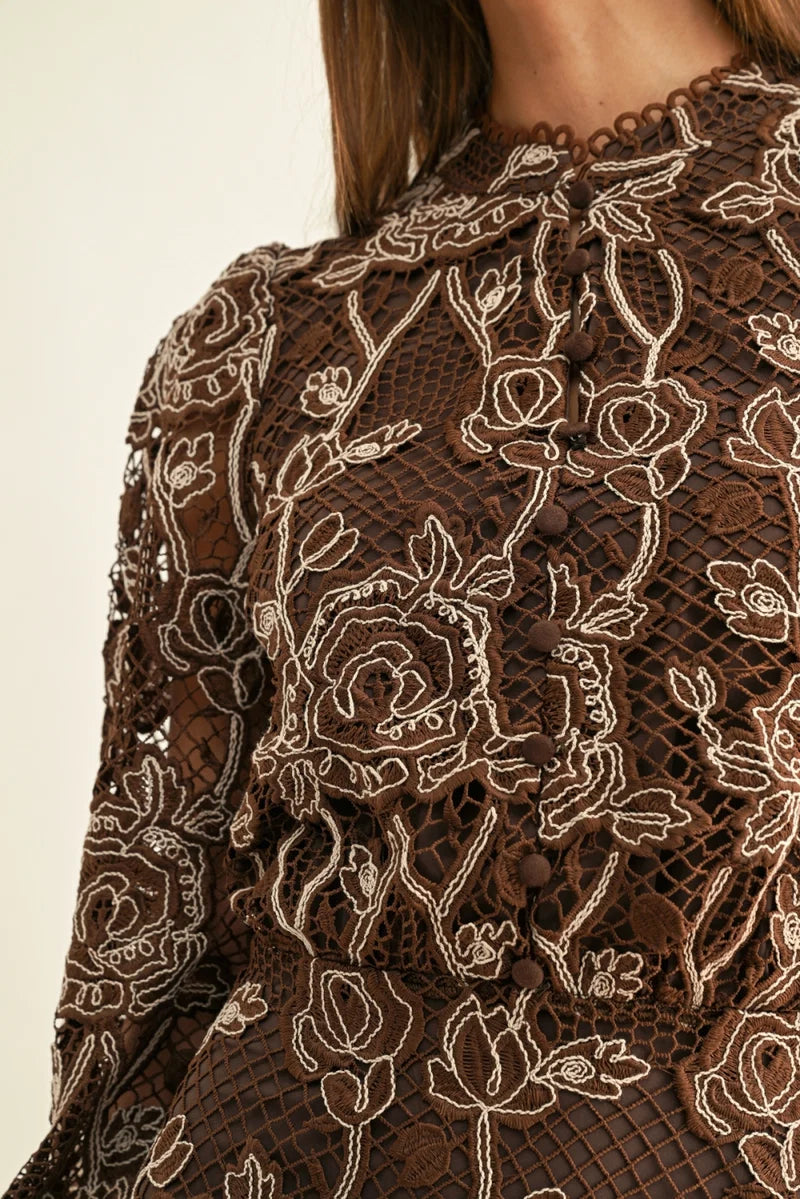 Adelyn Rae Makai LS Lace Mini Dress in Chocolate