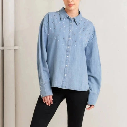 Washed Chambray Pearl Embellished Buttondown in Light Blue