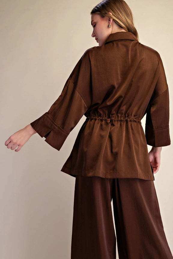 Silky Tie Waist Dolman Tunic in Chocolate