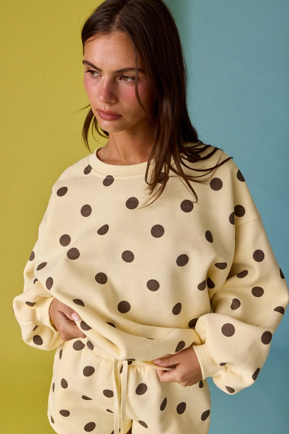 Sweatshirt/Short Set in Cream/Chocolate Polka Dot