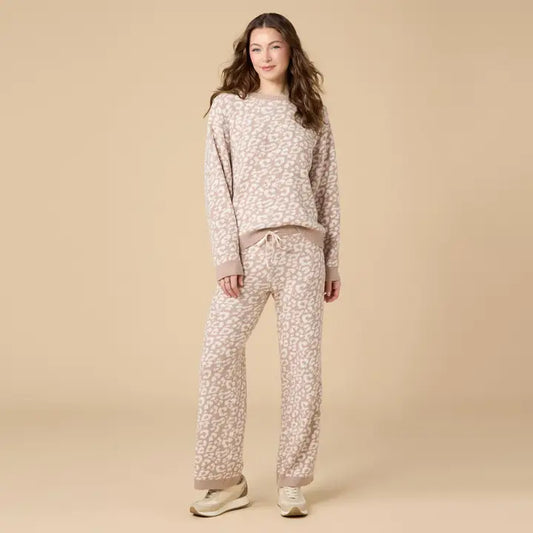 Softies Plush Leopard Print Crew Neck Lounge Set in Almond