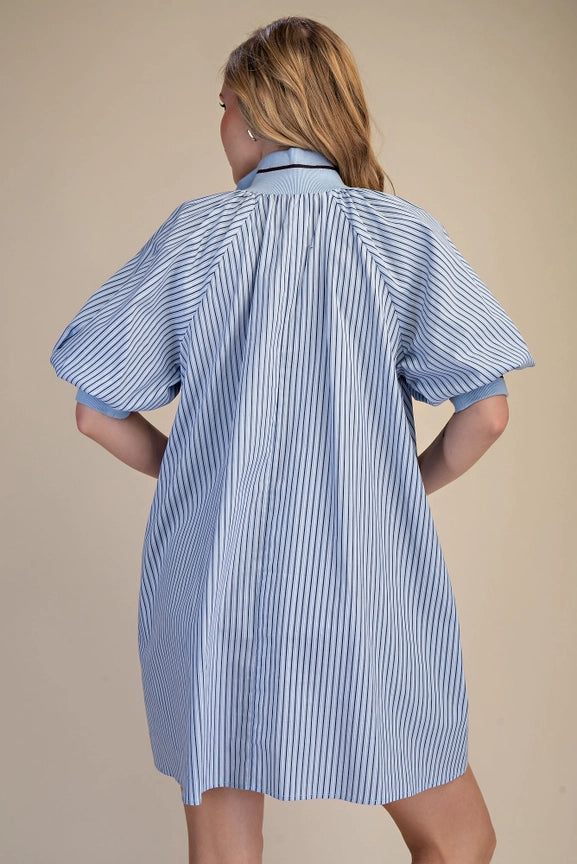 Half Zip Front Striped Dress in Blue