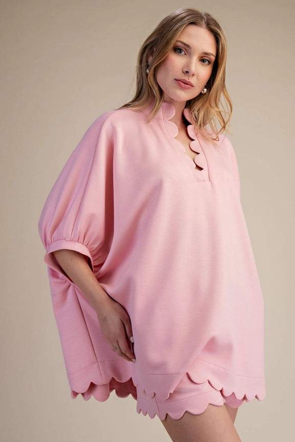 Scalloped Oversized Top with Matching Short Set in Pink