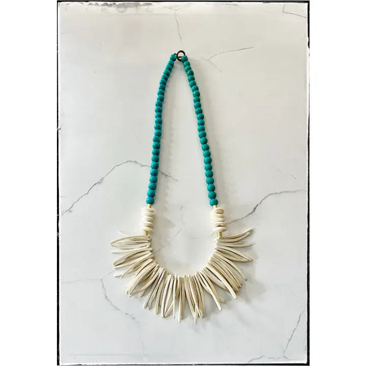 Bone Disk & Wood Stick Bead Necklace in Turquoise