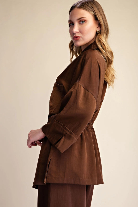 Silky Tie Waist Dolman Tunic in Chocolate