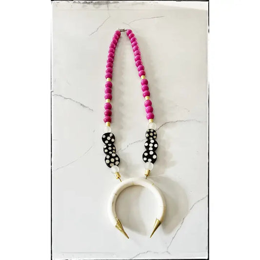 Ivory Tusk Necklace with Pink Wooden Beads