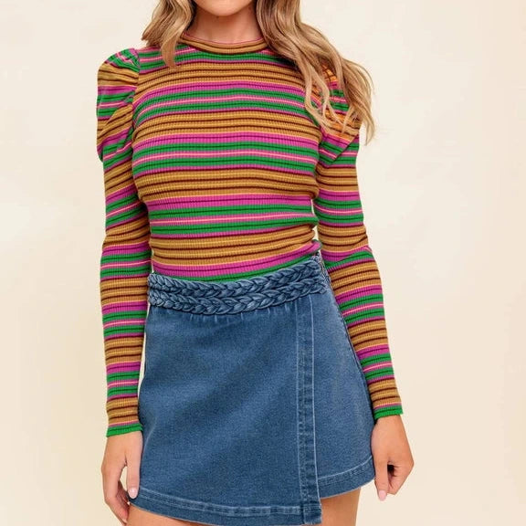 Long Sleeve Striped Sweater in Pink/Green