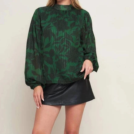 High Neck Tie Back Blouse in Holiday Green