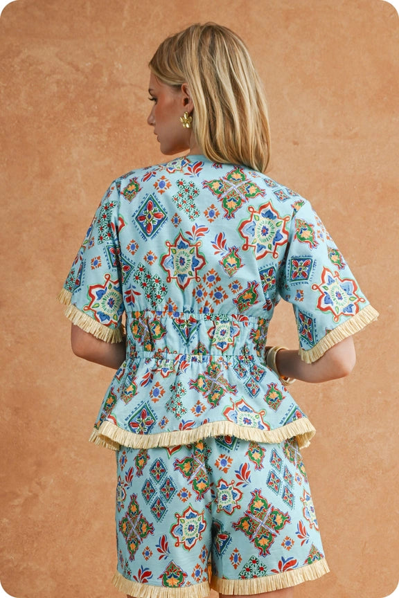 Peplum Fringe Top in Turq. Tile Print