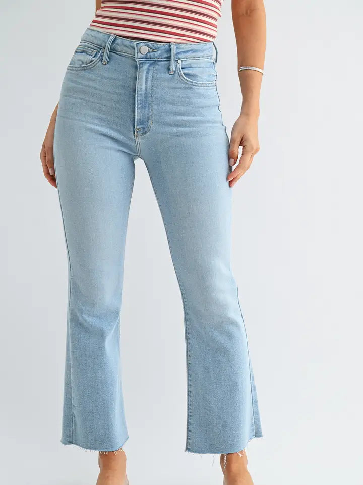 Just Black Denim High Rose Cropped Tonal Flare in Light Wash