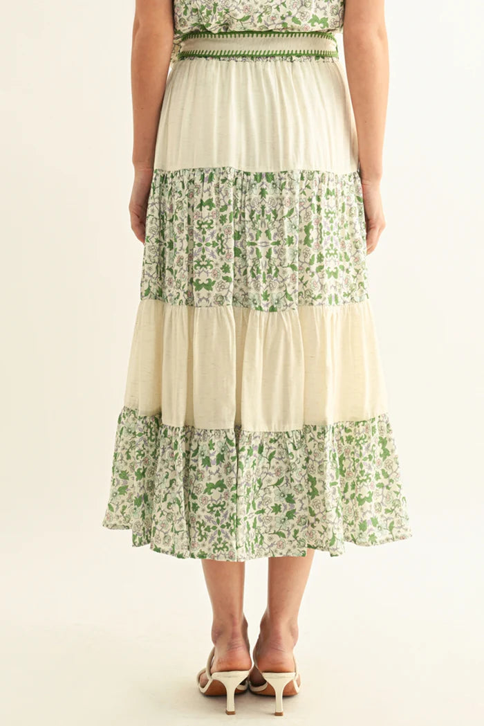 Adelyn Rae Blair Mixed Media Flared Midi Skirt in Green Multi